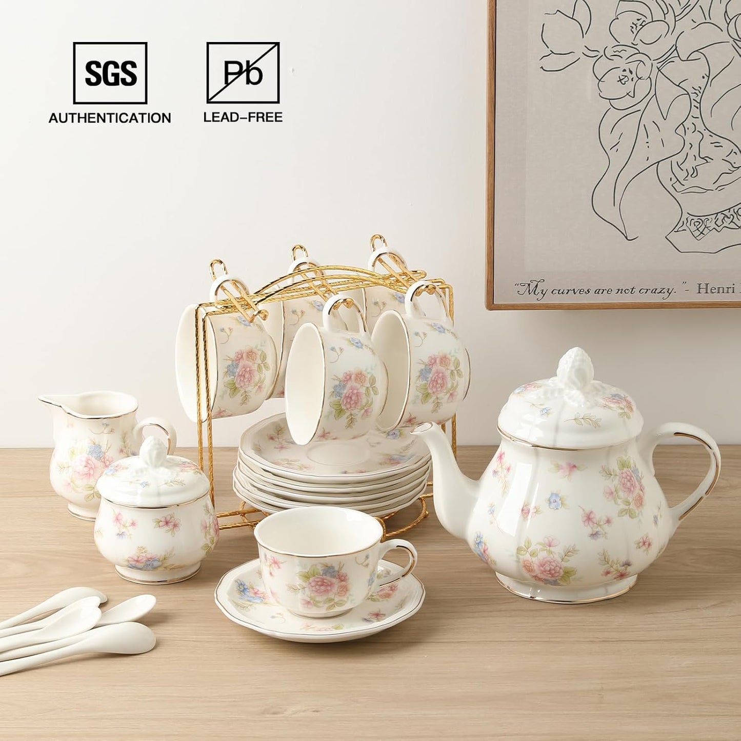 Sweejar 23 Pcs Floral Tea Sets with Metal Holder, Relief Gold Rim Porcelain Tea Sets for Adults, Cup and Saucer Set for 6, with Teapot, Sugar Bowl, Milk Jug, Spoons (Small Flower)