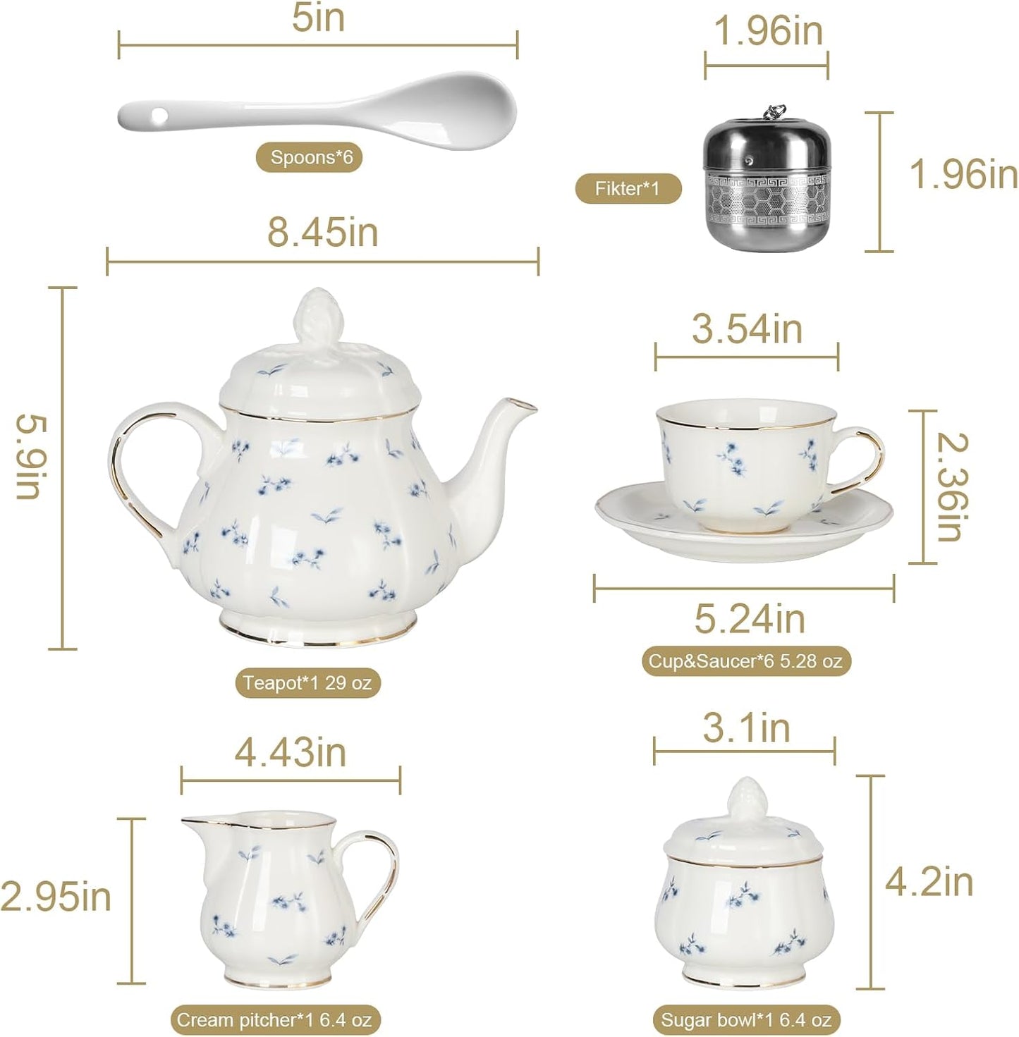 Sweejar 23 Pcs Floral Tea Sets with Metal Holder, Relief Gold Rim Porcelain Tea Sets for Adults, Cup and Saucer Set for 6, with Teapot, Sugar Bowl, Milk Jug, Spoons (Small Flower)