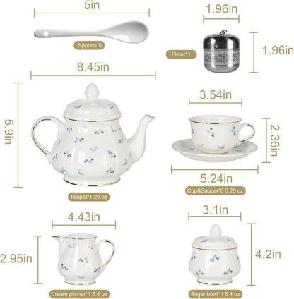 Sweejar 23 Pcs Floral Tea Sets with Metal Holder, Relief Gold Rim Porcelain Tea Sets for Adults, Cup and Saucer Set for 6, with Teapot, Sugar Bowl, Milk Jug, Spoons (Small Flower)