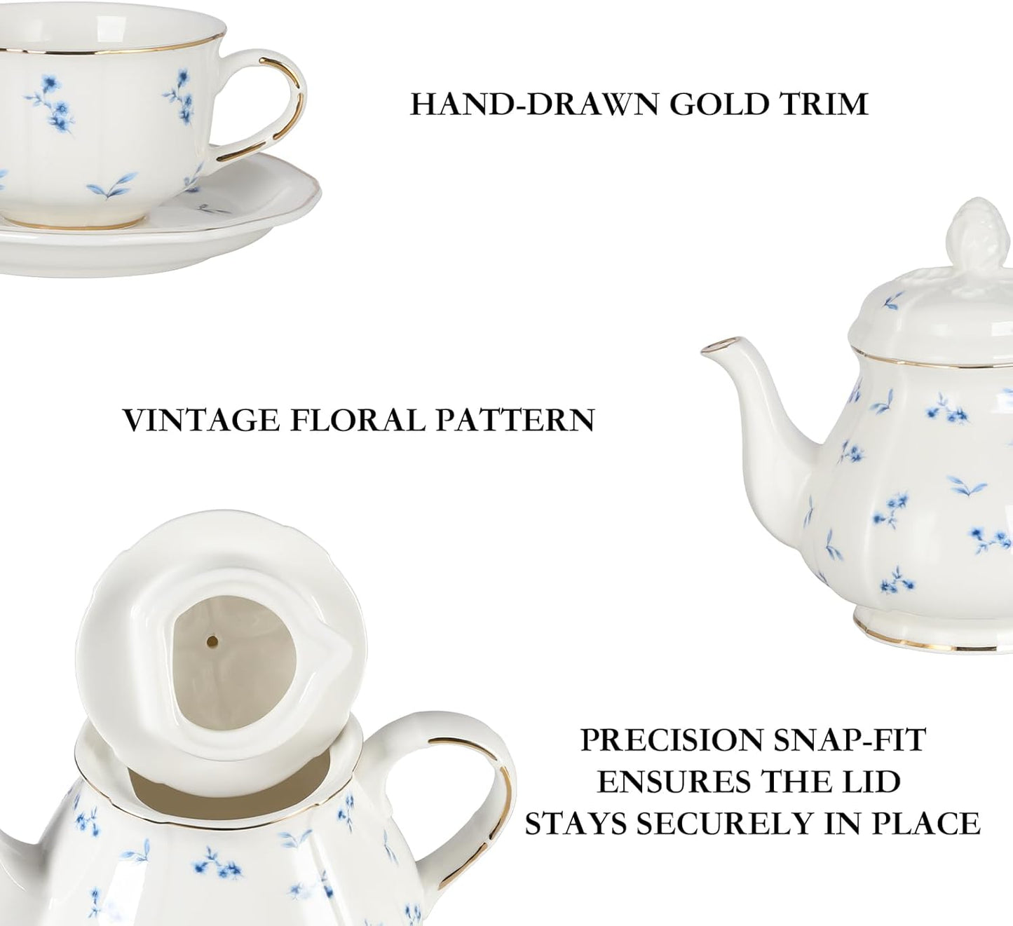 Sweejar 23 Pcs Floral Tea Sets with Metal Holder, Relief Gold Rim Porcelain Tea Sets for Adults, Cup and Saucer Set for 6, with Teapot, Sugar Bowl, Milk Jug, Spoons (Small Flower)