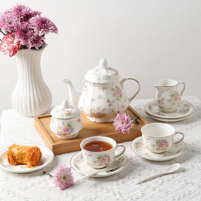 Sweejar 23 Pcs Floral Tea Sets with Metal Holder, Relief Gold Rim Porcelain Tea Sets for Adults, Cup and Saucer Set for 6, with Teapot, Sugar Bowl, Milk Jug, Spoons (Small Flower)