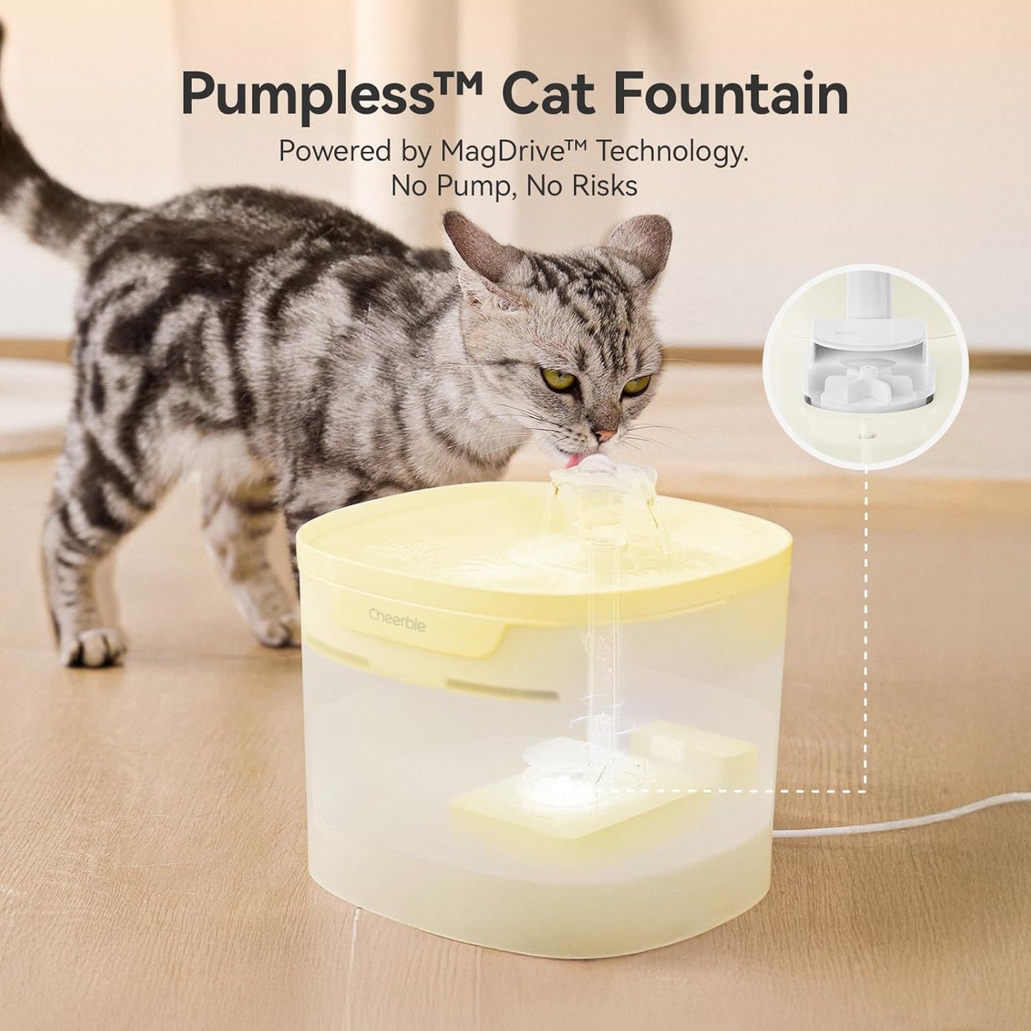 Cheerble Pumpless Cat Water Fountain, 2L/67oz Automatic Pet Fountain, Elfin E1 Lite Cat Fountain for Drinking, MagDrive™ Technology, Continuous Flow Mode, BPA-Free (Yellow, E1 Lite)