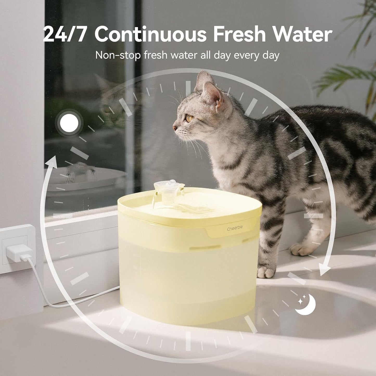 Cheerble Pumpless Cat Water Fountain, 2L/67oz Automatic Pet Fountain, Elfin E1 Lite Cat Fountain for Drinking, MagDrive™ Technology, Continuous Flow Mode, BPA-Free (Yellow, E1 Lite)