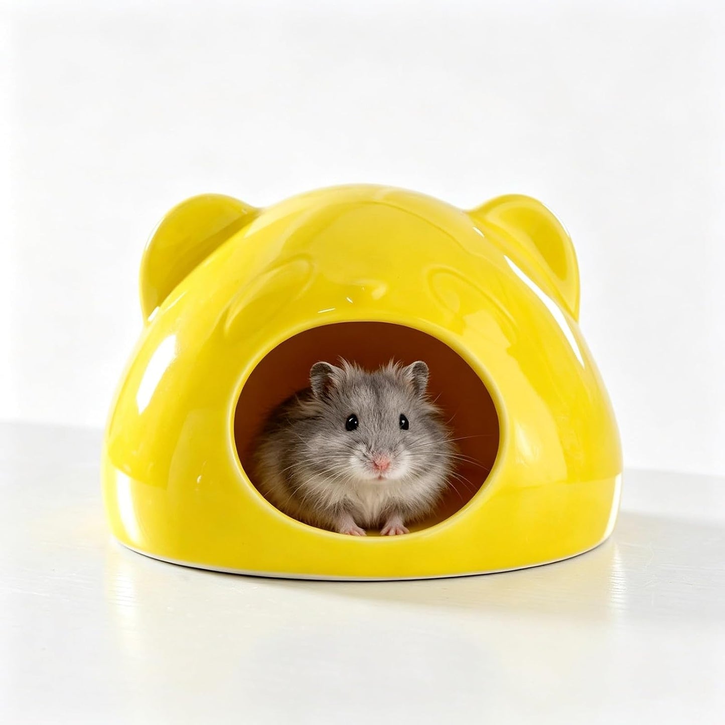 Panda-Shaped Ceramic Hamster Hideout, Summer Cooling Pet Cave, All-Season Smooth Easy-Clean Pet Shelter for Hamster, Gerbil, Guinea Pig(Yellow)