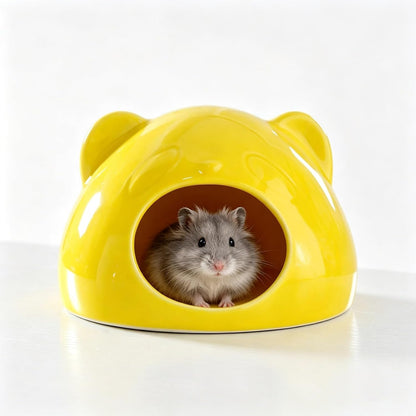 Panda-Shaped Ceramic Hamster Hideout, Summer Cooling Pet Cave, All-Season Smooth Easy-Clean Pet Shelter for Hamster, Gerbil, Guinea Pig(Yellow)
