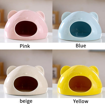 Panda-Shaped Ceramic Hamster Hideout, Summer Cooling Pet Cave, All-Season Smooth Easy-Clean Pet Shelter for Hamster, Gerbil, Guinea Pig(Yellow)