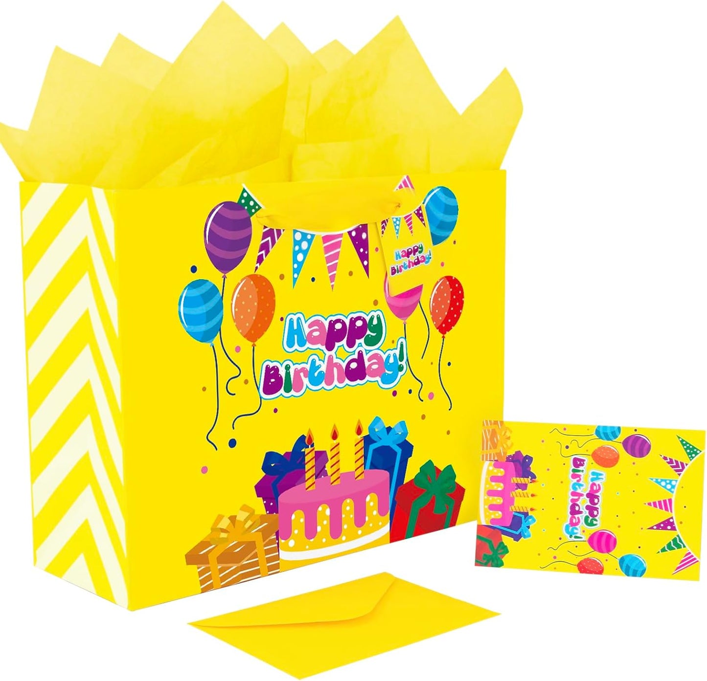 Yellow Happy Birthday Gift Bag With Handles Tissue Papers and Greeting Card,13 Inch Medium Size for Birthday Perfect for kids, for Both Women and Men, for Girl and Boy