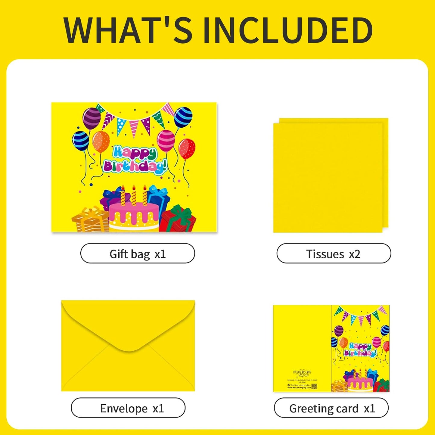 Yellow Happy Birthday Gift Bag With Handles Tissue Papers and Greeting Card,13 Inch Medium Size for Birthday Perfect for kids, for Both Women and Men, for Girl and Boy