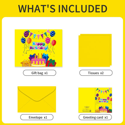 Yellow Happy Birthday Gift Bag With Handles Tissue Papers and Greeting Card,13 Inch Medium Size for Birthday Perfect for kids, for Both Women and Men, for Girl and Boy