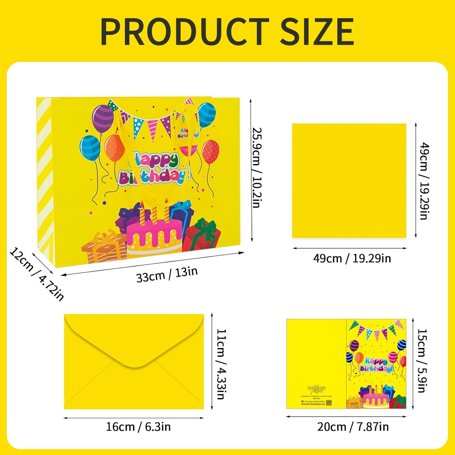 Yellow Happy Birthday Gift Bag With Handles Tissue Papers and Greeting Card,13 Inch Medium Size for Birthday Perfect for kids, for Both Women and Men, for Girl and Boy