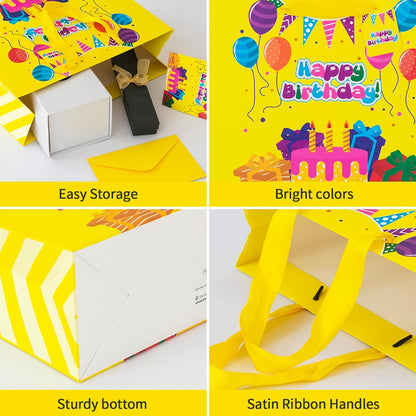 Yellow Happy Birthday Gift Bag With Handles Tissue Papers and Greeting Card,13 Inch Medium Size for Birthday Perfect for kids, for Both Women and Men, for Girl and Boy