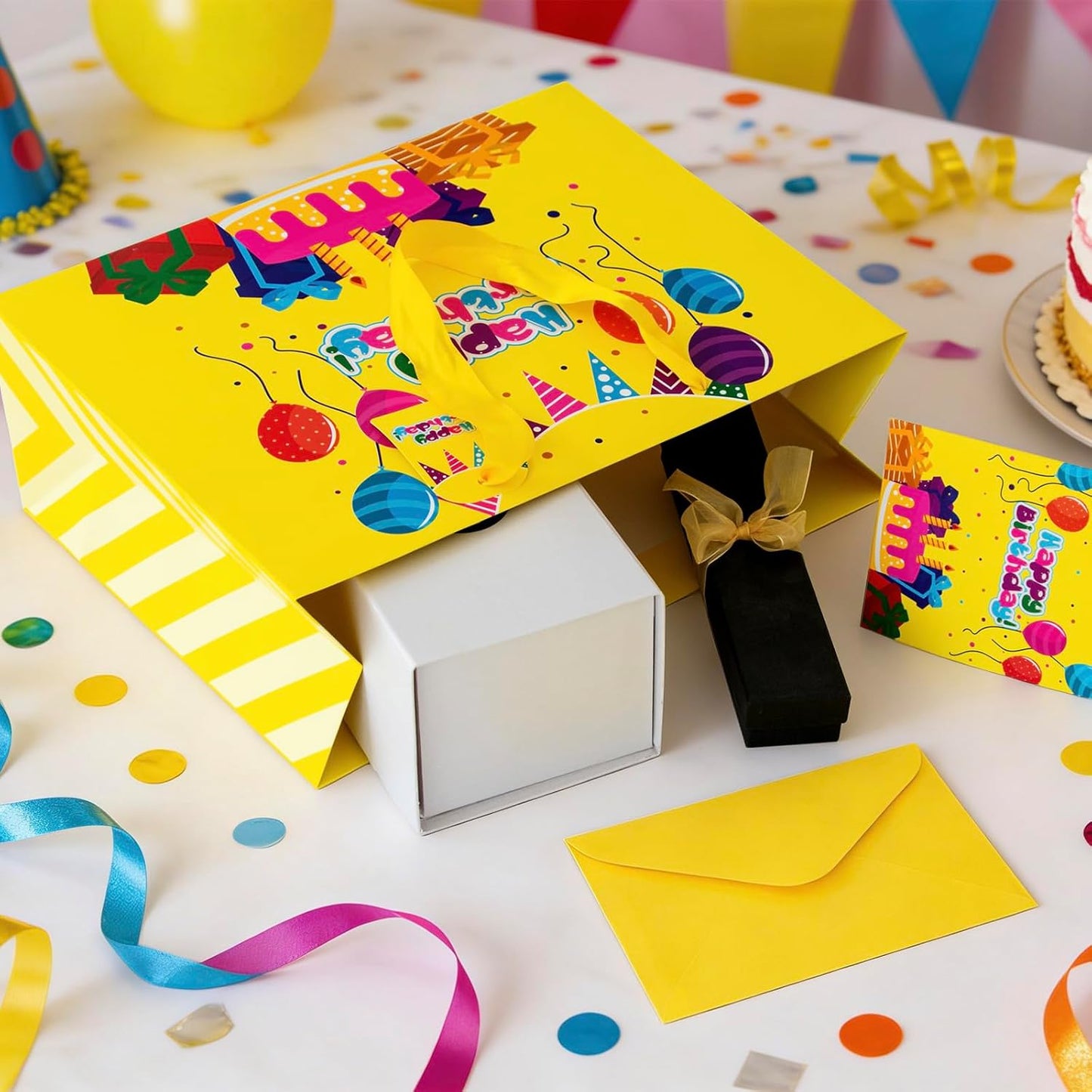 Yellow Happy Birthday Gift Bag With Handles Tissue Papers and Greeting Card,13 Inch Medium Size for Birthday Perfect for kids, for Both Women and Men, for Girl and Boy
