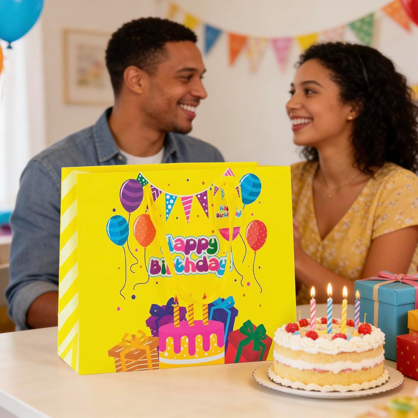 Yellow Happy Birthday Gift Bag With Handles Tissue Papers and Greeting Card,13 Inch Medium Size for Birthday Perfect for kids, for Both Women and Men, for Girl and Boy
