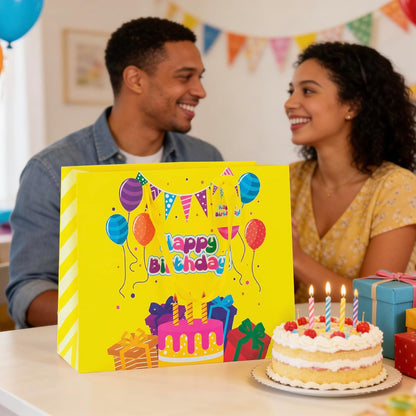 Yellow Happy Birthday Gift Bag With Handles Tissue Papers and Greeting Card,13 Inch Medium Size for Birthday Perfect for kids, for Both Women and Men, for Girl and Boy