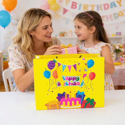 Yellow Happy Birthday Gift Bag With Handles Tissue Papers and Greeting Card,13 Inch Medium Size for Birthday Perfect for kids, for Both Women and Men, for Girl and Boy
