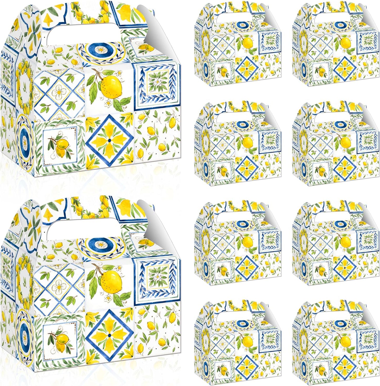 12Pcs Capri Lemon Themed Treat Boxes Blue Tiles Yellow Lemon Goodie Boxes with Handles for Amalfi Coast Party, Birthday, Summer Fruit Themed Party Favors, Capri Lemon Baby Shower Supplies