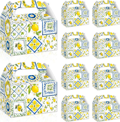 12Pcs Capri Lemon Themed Treat Boxes Blue Tiles Yellow Lemon Goodie Boxes with Handles for Amalfi Coast Party, Birthday, Summer Fruit Themed Party Favors, Capri Lemon Baby Shower Supplies