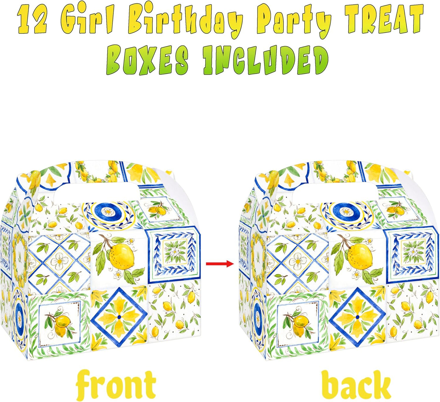 12Pcs Capri Lemon Themed Treat Boxes Blue Tiles Yellow Lemon Goodie Boxes with Handles for Amalfi Coast Party, Birthday, Summer Fruit Themed Party Favors, Capri Lemon Baby Shower Supplies
