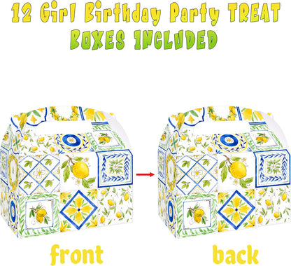 12Pcs Capri Lemon Themed Treat Boxes Blue Tiles Yellow Lemon Goodie Boxes with Handles for Amalfi Coast Party, Birthday, Summer Fruit Themed Party Favors, Capri Lemon Baby Shower Supplies