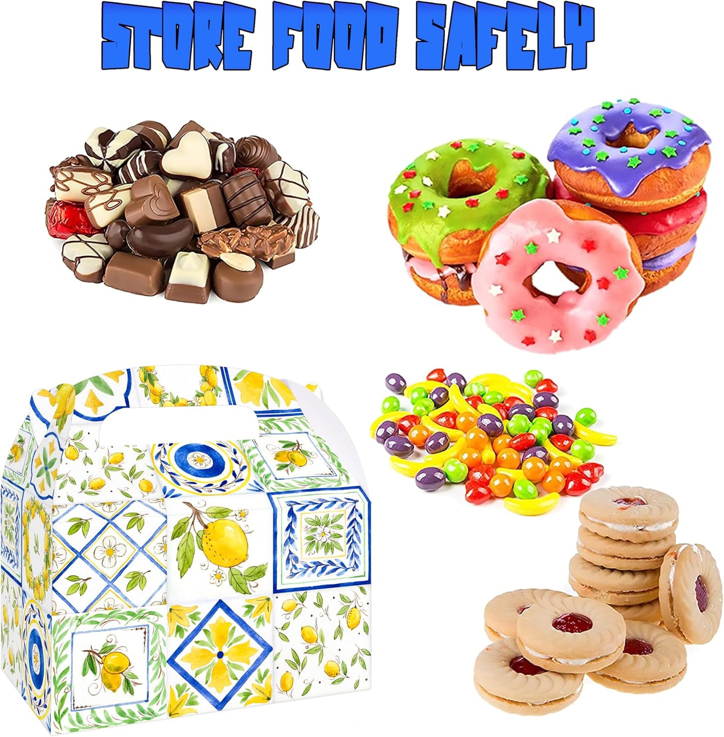 12Pcs Capri Lemon Themed Treat Boxes Blue Tiles Yellow Lemon Goodie Boxes with Handles for Amalfi Coast Party, Birthday, Summer Fruit Themed Party Favors, Capri Lemon Baby Shower Supplies