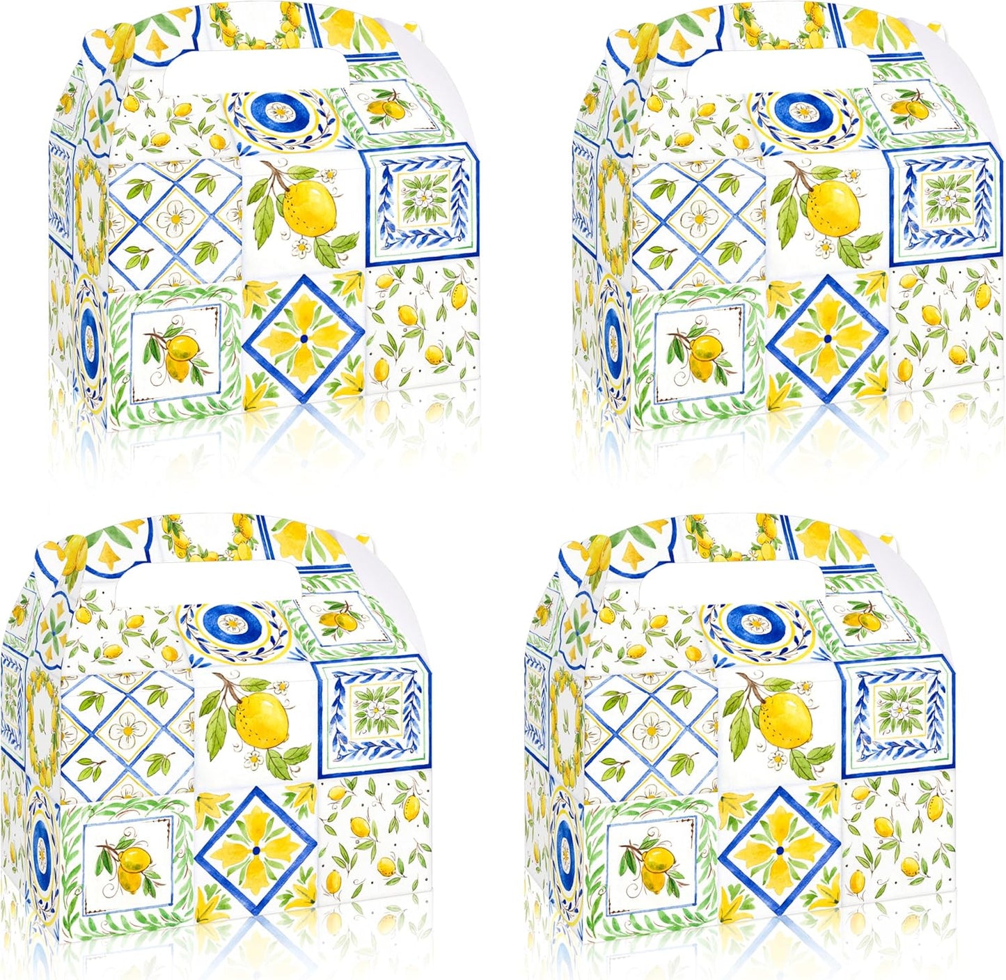 12Pcs Capri Lemon Themed Treat Boxes Blue Tiles Yellow Lemon Goodie Boxes with Handles for Amalfi Coast Party, Birthday, Summer Fruit Themed Party Favors, Capri Lemon Baby Shower Supplies