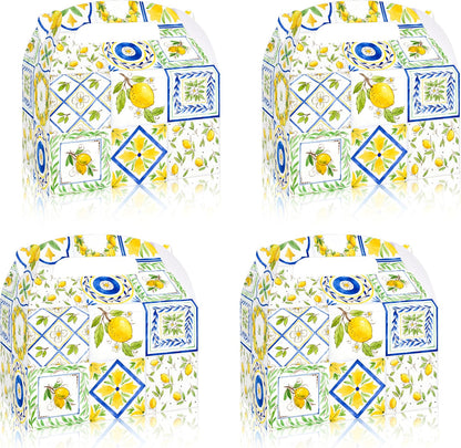 12Pcs Capri Lemon Themed Treat Boxes Blue Tiles Yellow Lemon Goodie Boxes with Handles for Amalfi Coast Party, Birthday, Summer Fruit Themed Party Favors, Capri Lemon Baby Shower Supplies