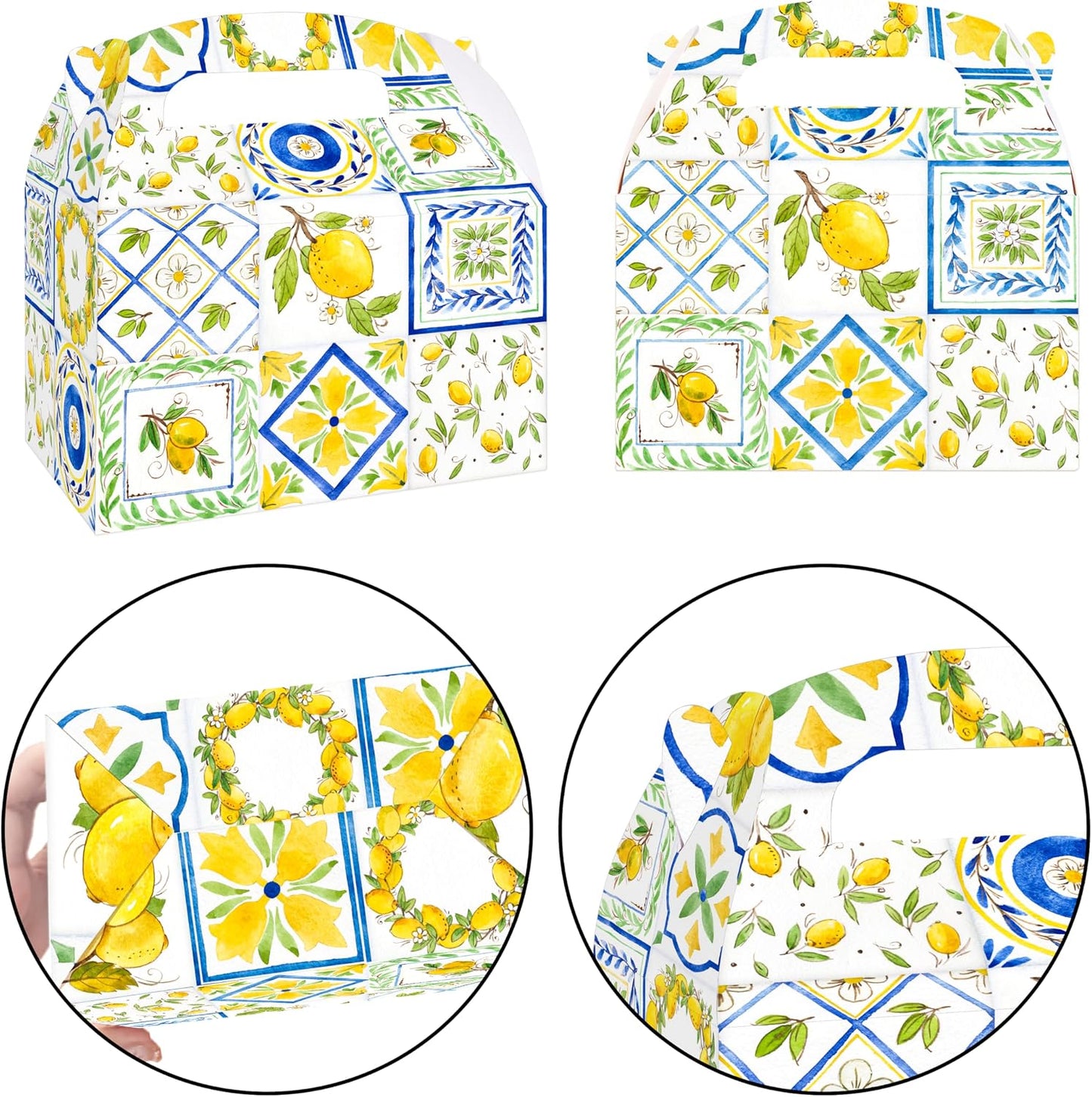 12Pcs Capri Lemon Themed Treat Boxes Blue Tiles Yellow Lemon Goodie Boxes with Handles for Amalfi Coast Party, Birthday, Summer Fruit Themed Party Favors, Capri Lemon Baby Shower Supplies