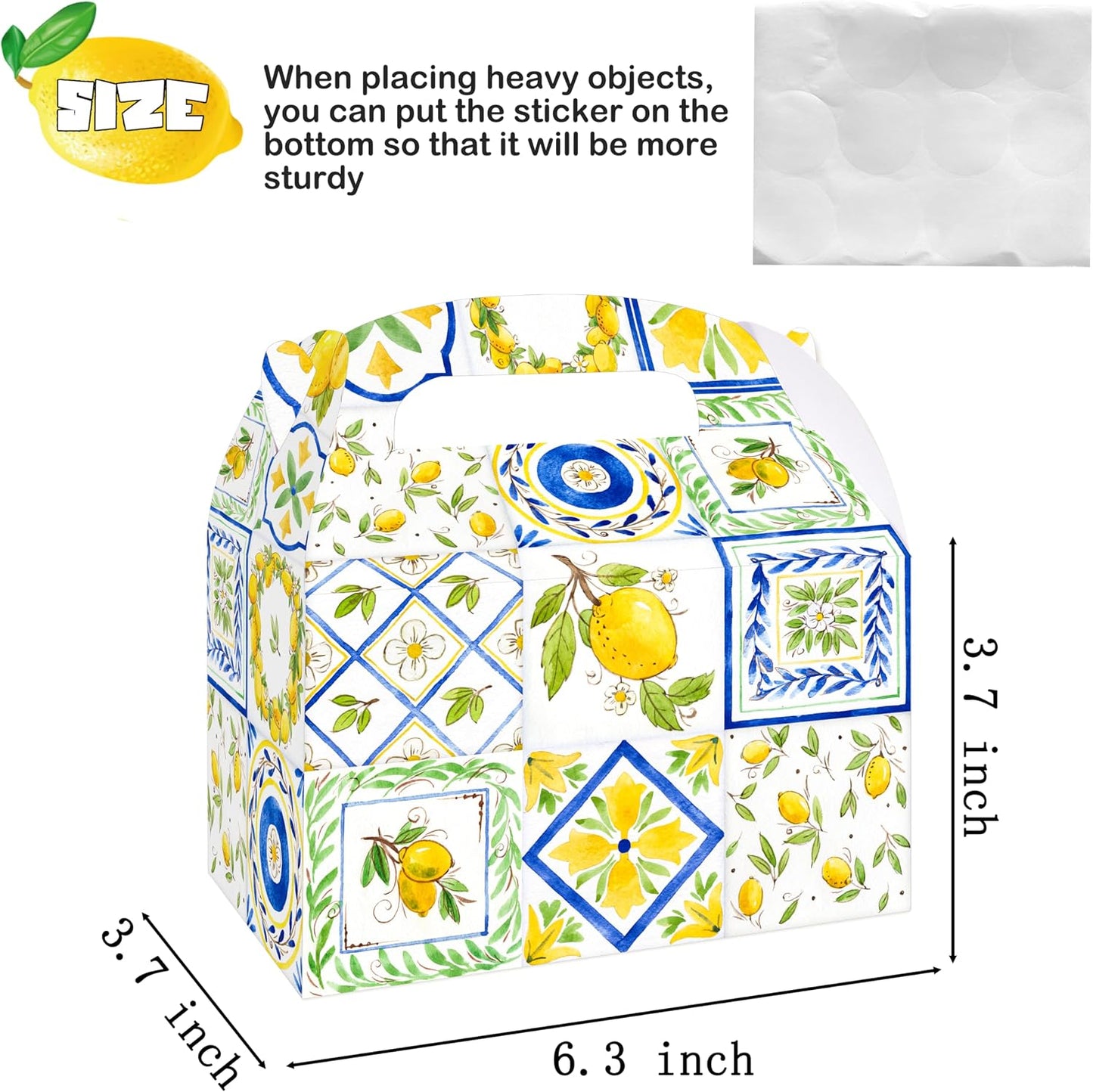 12Pcs Capri Lemon Themed Treat Boxes Blue Tiles Yellow Lemon Goodie Boxes with Handles for Amalfi Coast Party, Birthday, Summer Fruit Themed Party Favors, Capri Lemon Baby Shower Supplies