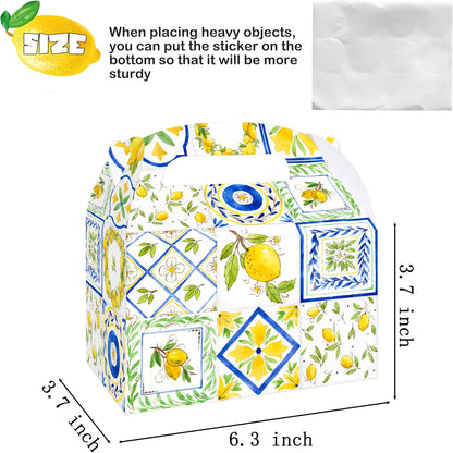 12Pcs Capri Lemon Themed Treat Boxes Blue Tiles Yellow Lemon Goodie Boxes with Handles for Amalfi Coast Party, Birthday, Summer Fruit Themed Party Favors, Capri Lemon Baby Shower Supplies
