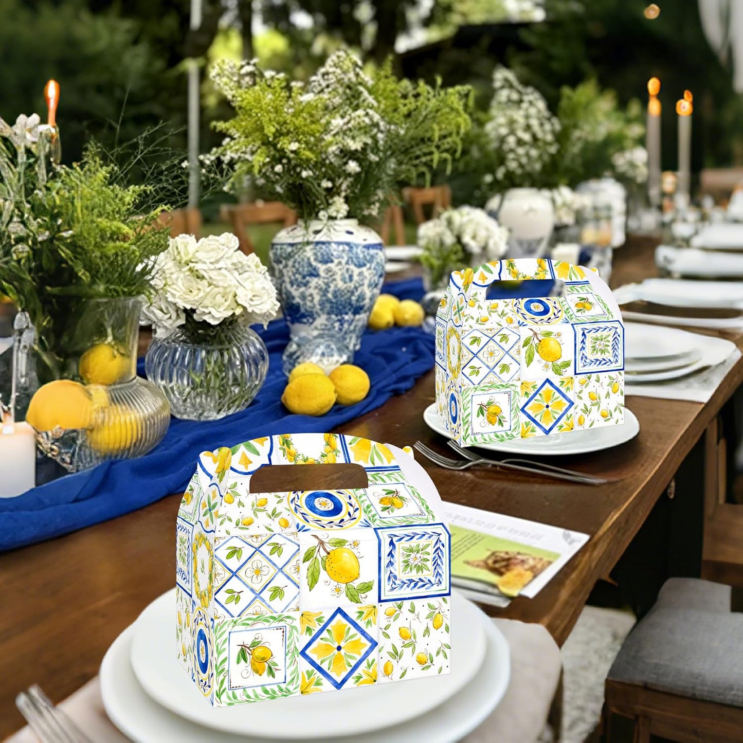 12Pcs Capri Lemon Themed Treat Boxes Blue Tiles Yellow Lemon Goodie Boxes with Handles for Amalfi Coast Party, Birthday, Summer Fruit Themed Party Favors, Capri Lemon Baby Shower Supplies