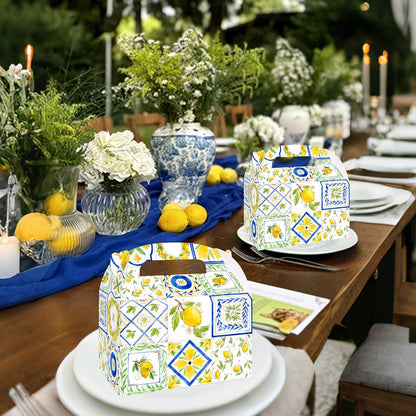 12Pcs Capri Lemon Themed Treat Boxes Blue Tiles Yellow Lemon Goodie Boxes with Handles for Amalfi Coast Party, Birthday, Summer Fruit Themed Party Favors, Capri Lemon Baby Shower Supplies