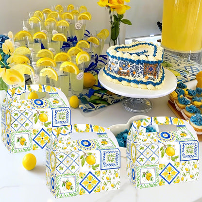 12Pcs Capri Lemon Themed Treat Boxes Blue Tiles Yellow Lemon Goodie Boxes with Handles for Amalfi Coast Party, Birthday, Summer Fruit Themed Party Favors, Capri Lemon Baby Shower Supplies