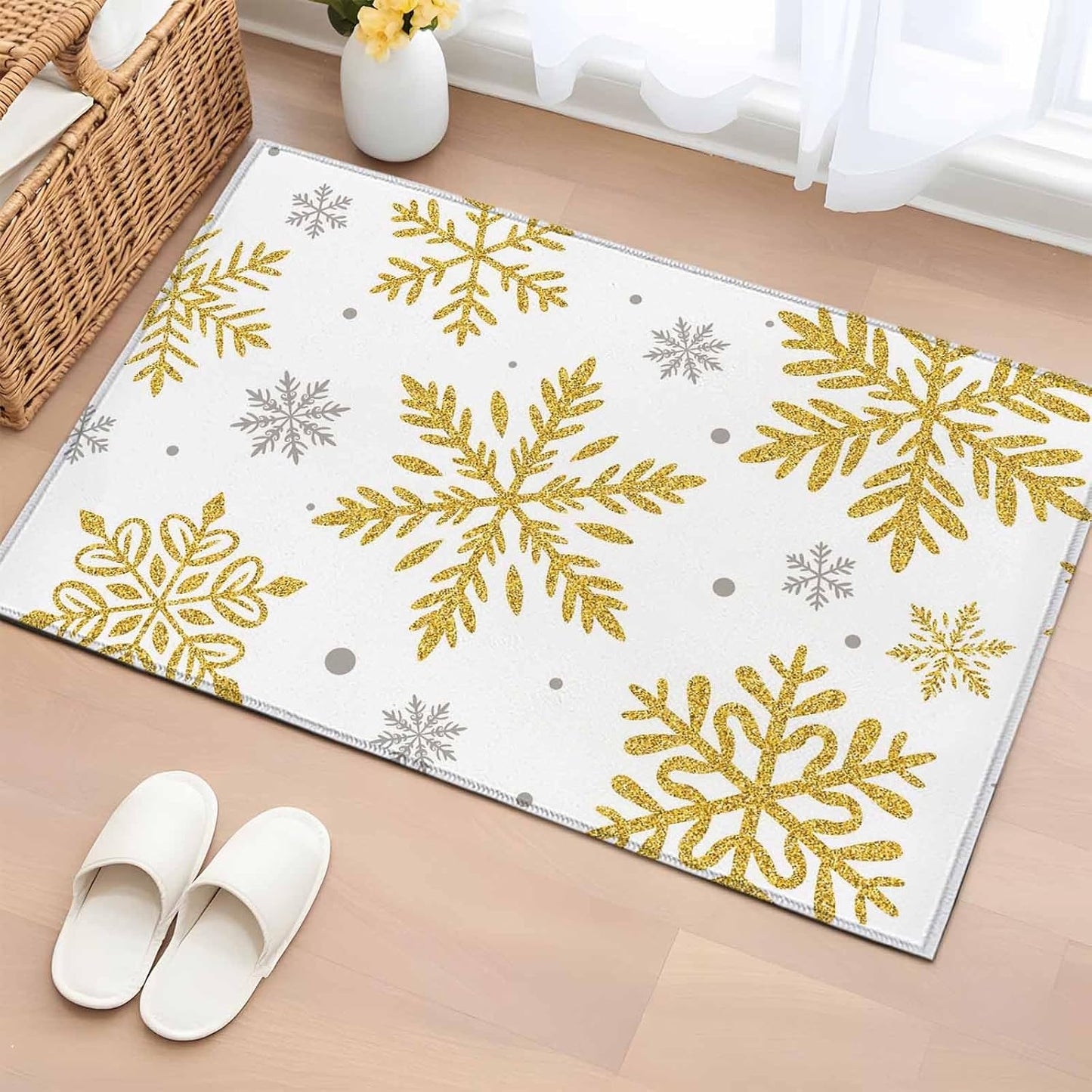 Winter Snowflake 2x3 Area Rugs for Living Room, Christmas Yellow Sequins Texture Abstract Non Slip Floor Mat Washable Low-Profile Indoor Carpet for Bedroom, Dining Room, Bathroom