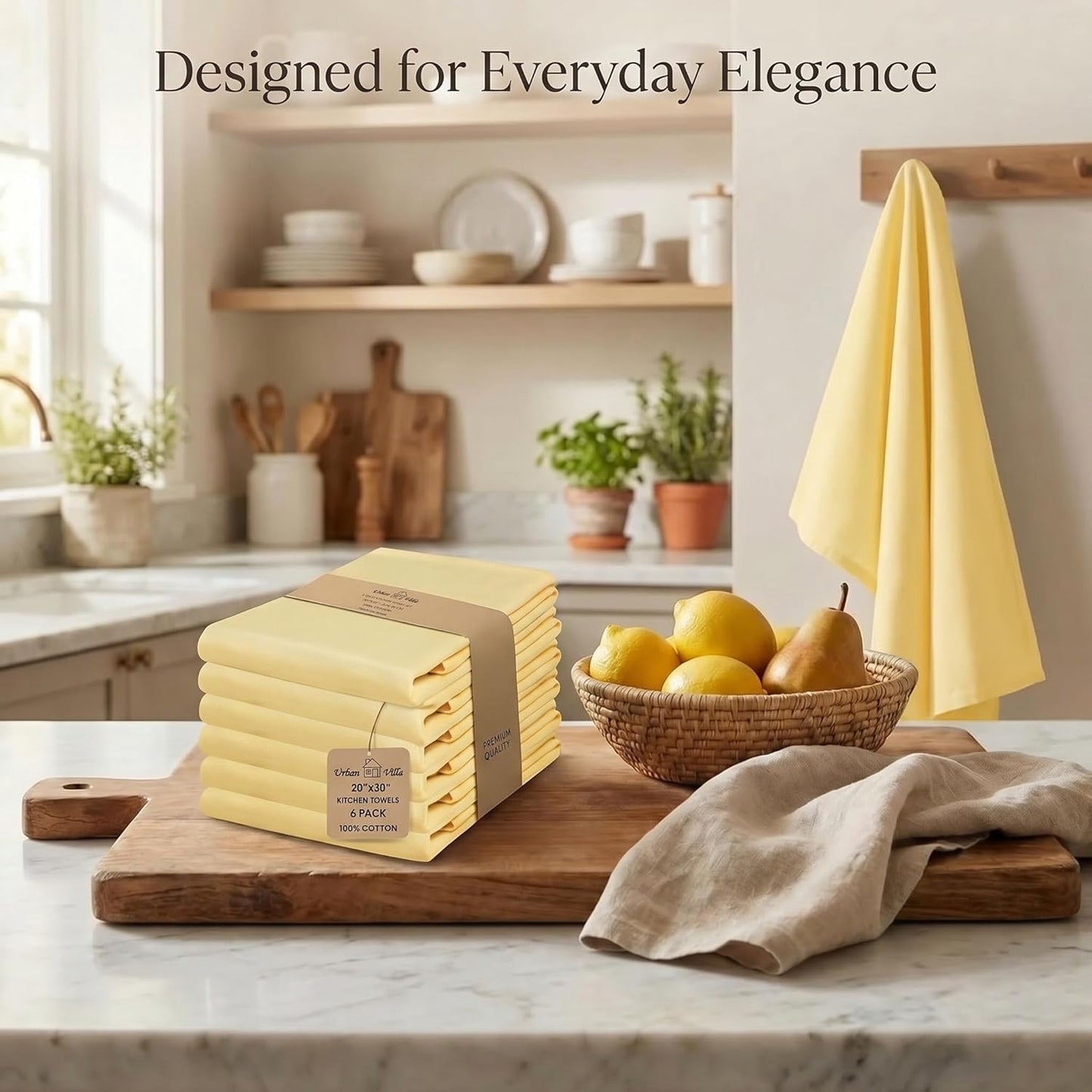 Urban Villa Kitchen Towels 100% Cotton Dish Towels for Kitchen(Set of 6)20”x30” Dish Cloths Highly Absorbent Kitchen Linen Set with Hanging Loop Perfect for Drying Dishes Cleaning Hand Towels – Yellow