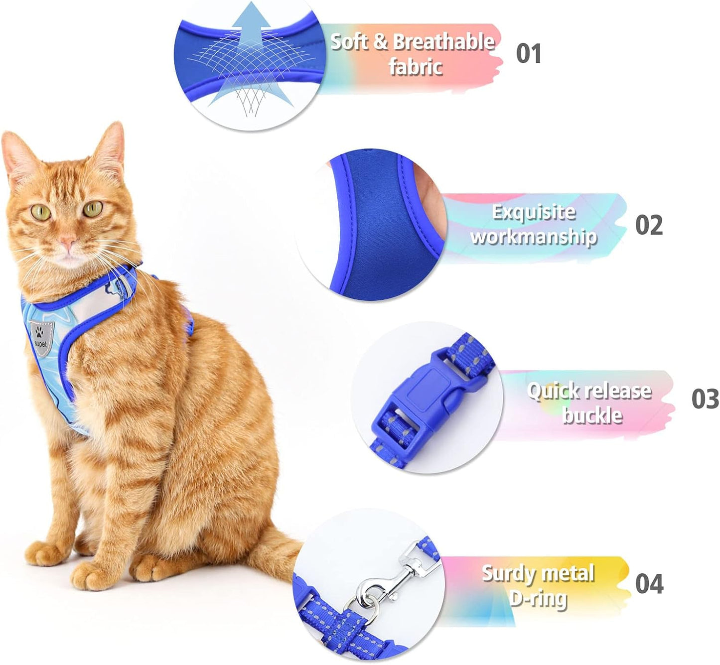 Cat Harness and Leash Escape Proof, Adjustable Cat Vest Harness and Leash Set for Walking, Pet Harness with Reflective Trim for Cats Kittens S（Chest:9.6-15.7''