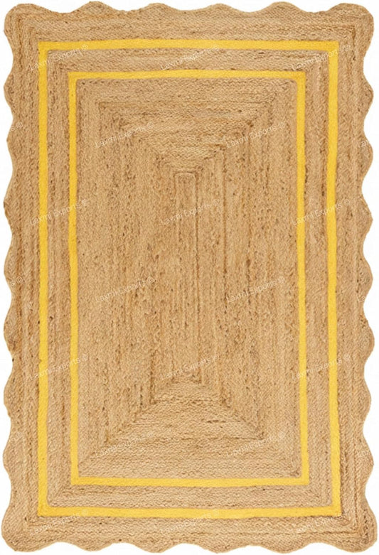 Natural Jute Wave Scalloped Area Rug 2x12 Ft - Yellow Runner Stripe Rugs for Home & Kitchen, Handmade Carpet, Natural Jute Hallway Large Rectangular Area Rug
