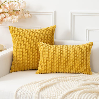 Soft Corduroy 14"x22" Pillow Cover 1 Pack, Mustard Yellow | Boho Stripe Plush Corduroy Decorative Oblong Cushion Cover Modern Farmhouse Home Decor for Sofa Couch Bed Chair
