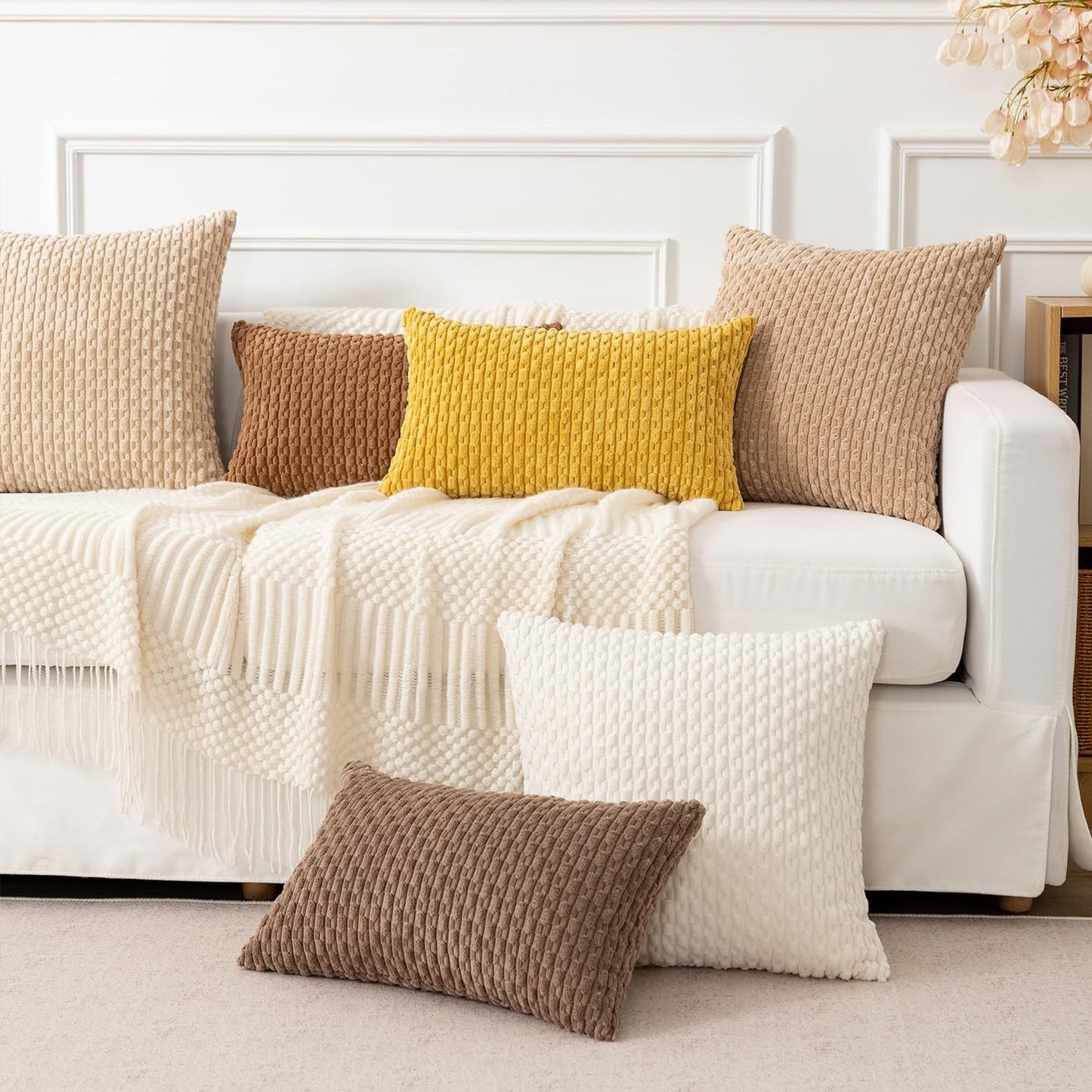 Soft Corduroy 14"x22" Pillow Cover 1 Pack, Mustard Yellow | Boho Stripe Plush Corduroy Decorative Oblong Cushion Cover Modern Farmhouse Home Decor for Sofa Couch Bed Chair
