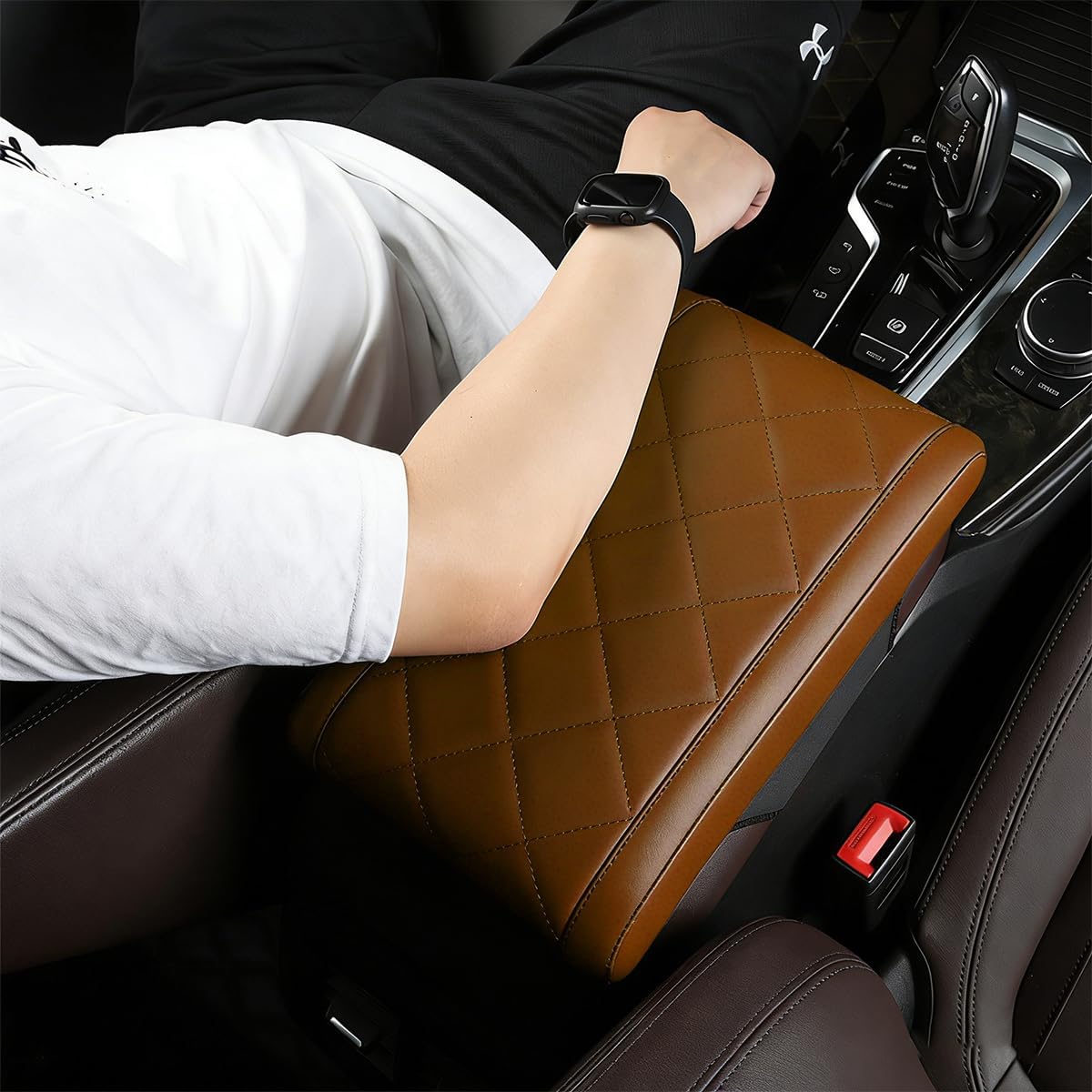 12.60 x 7.87 Inch Center Console Cover Memory Foam Pad Yellow | Napa leather surface, slow rebound memory cotton, soft elbow support, universal fit, automotive interior accessories