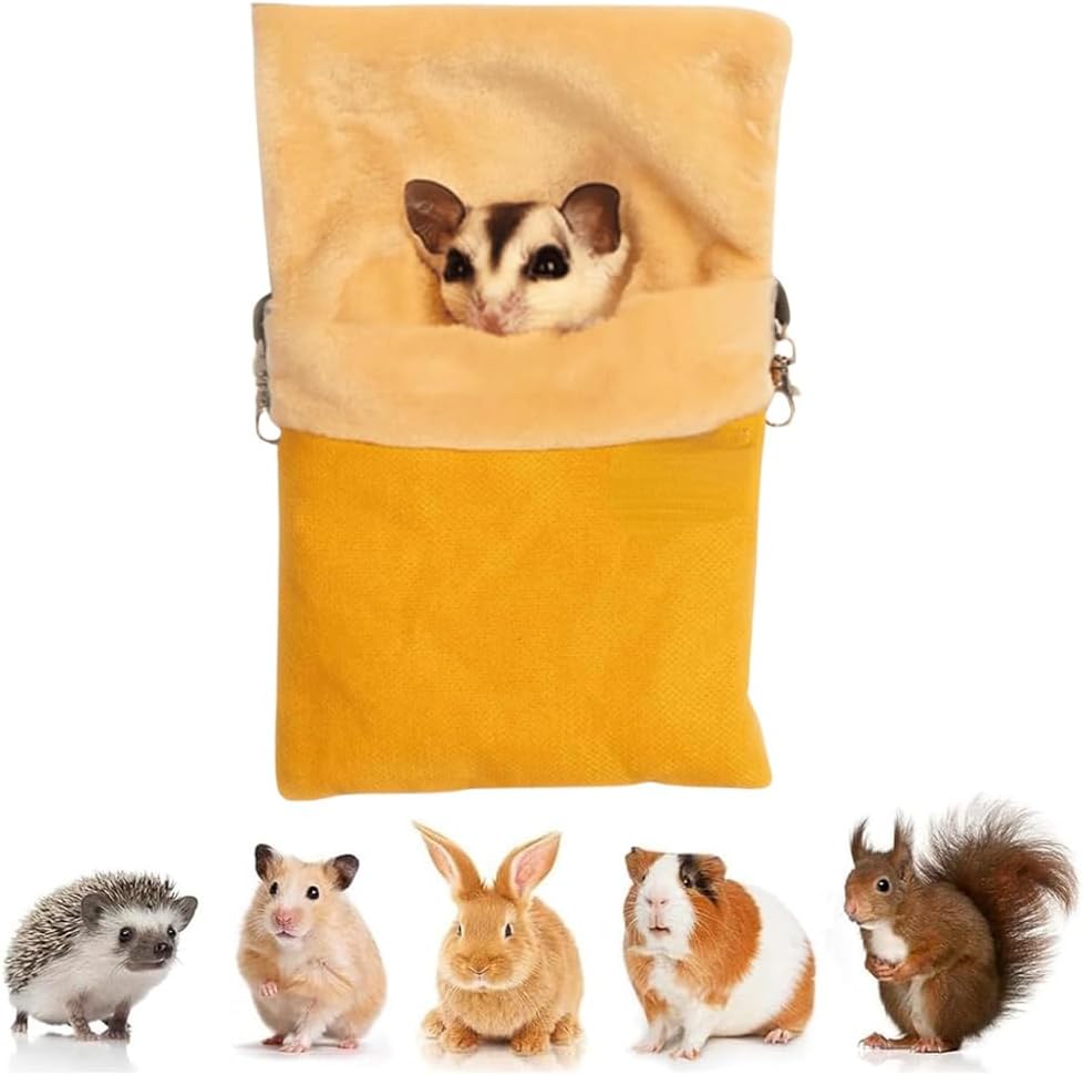 Sugar Glider Hanging Bed Sleep Pouch with Heated Warm Compartment Pet Hammocks Bag for Hamster Rat Squirrel Ferret Warm Nest Bed Hideout Cave (M,Yellow)