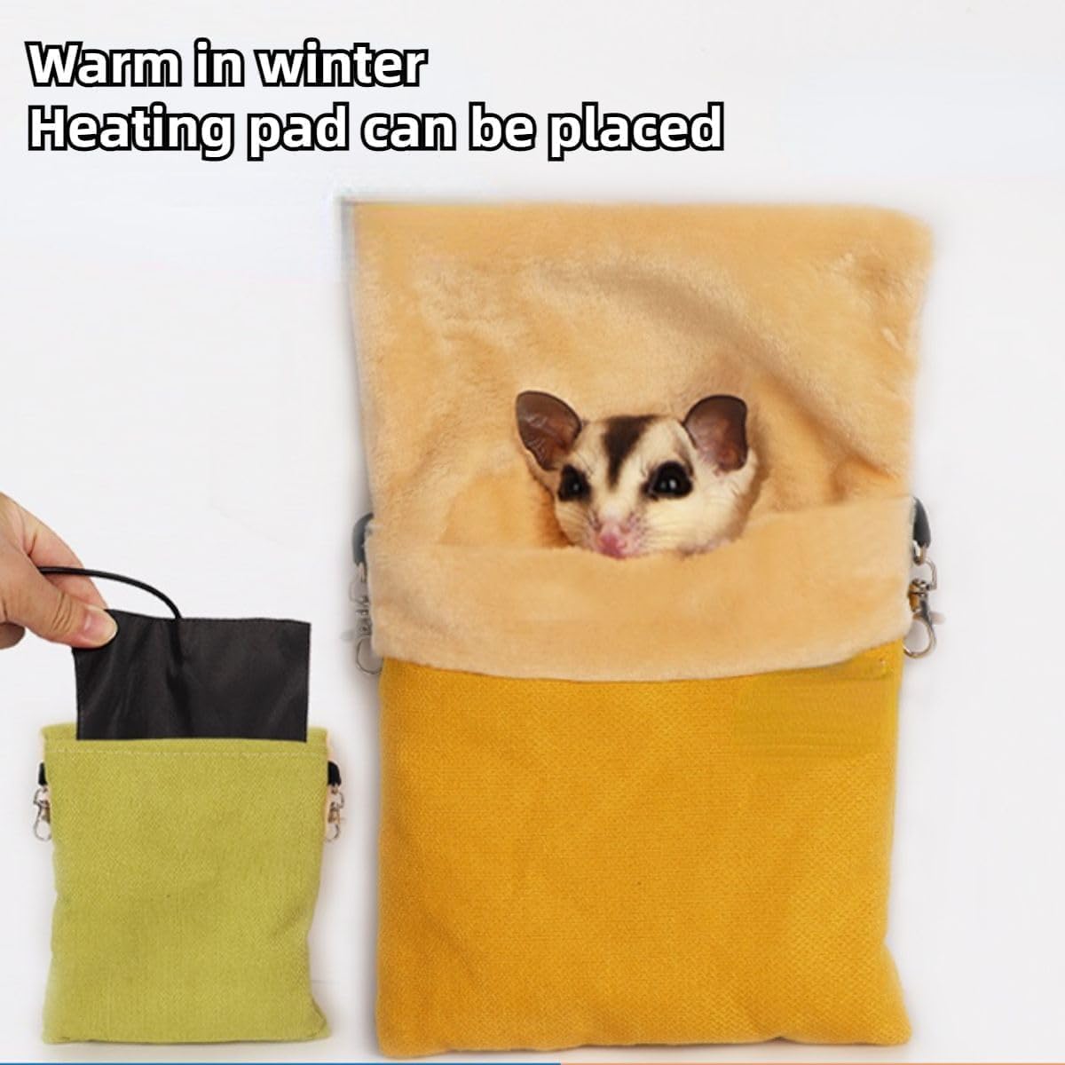 Sugar Glider Hanging Bed Sleep Pouch with Heated Warm Compartment Pet Hammocks Bag for Hamster Rat Squirrel Ferret Warm Nest Bed Hideout Cave (M,Yellow)