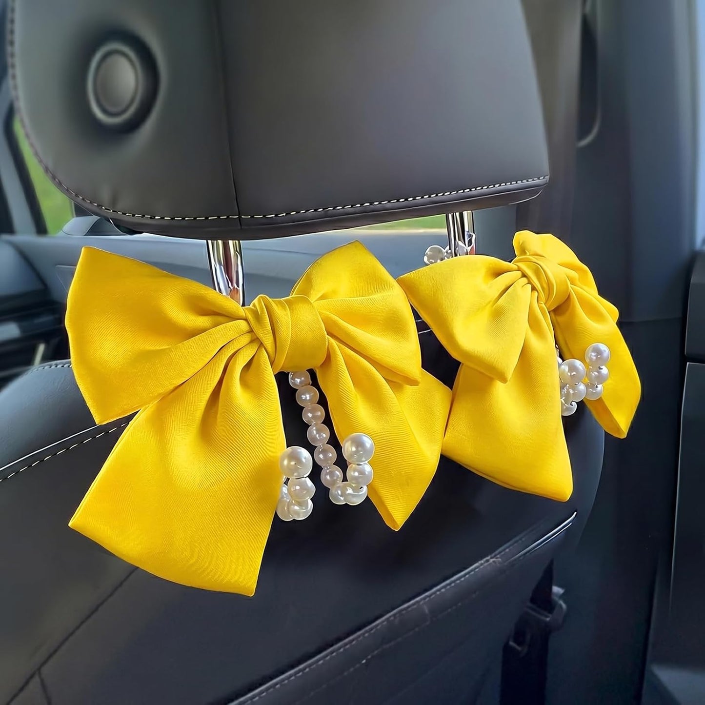2 PCS Bow Pearl Car Seat Headrest Hook – Cute Purse Hook for Car, Girly Interior Decoration Accessories Hook Hanger, Seatback Holder for Purses & Bags, Elegant Car Organizer (Sunshine Yellow)