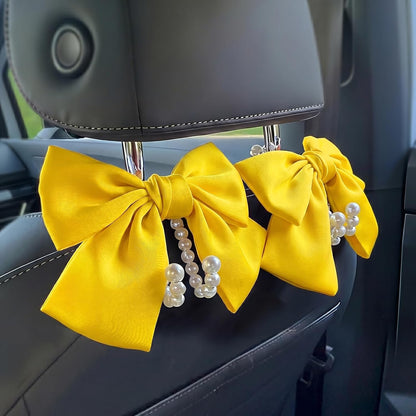 2 PCS Bow Pearl Car Seat Headrest Hook – Cute Purse Hook for Car, Girly Interior Decoration Accessories Hook Hanger, Seatback Holder for Purses & Bags, Elegant Car Organizer (Sunshine Yellow)