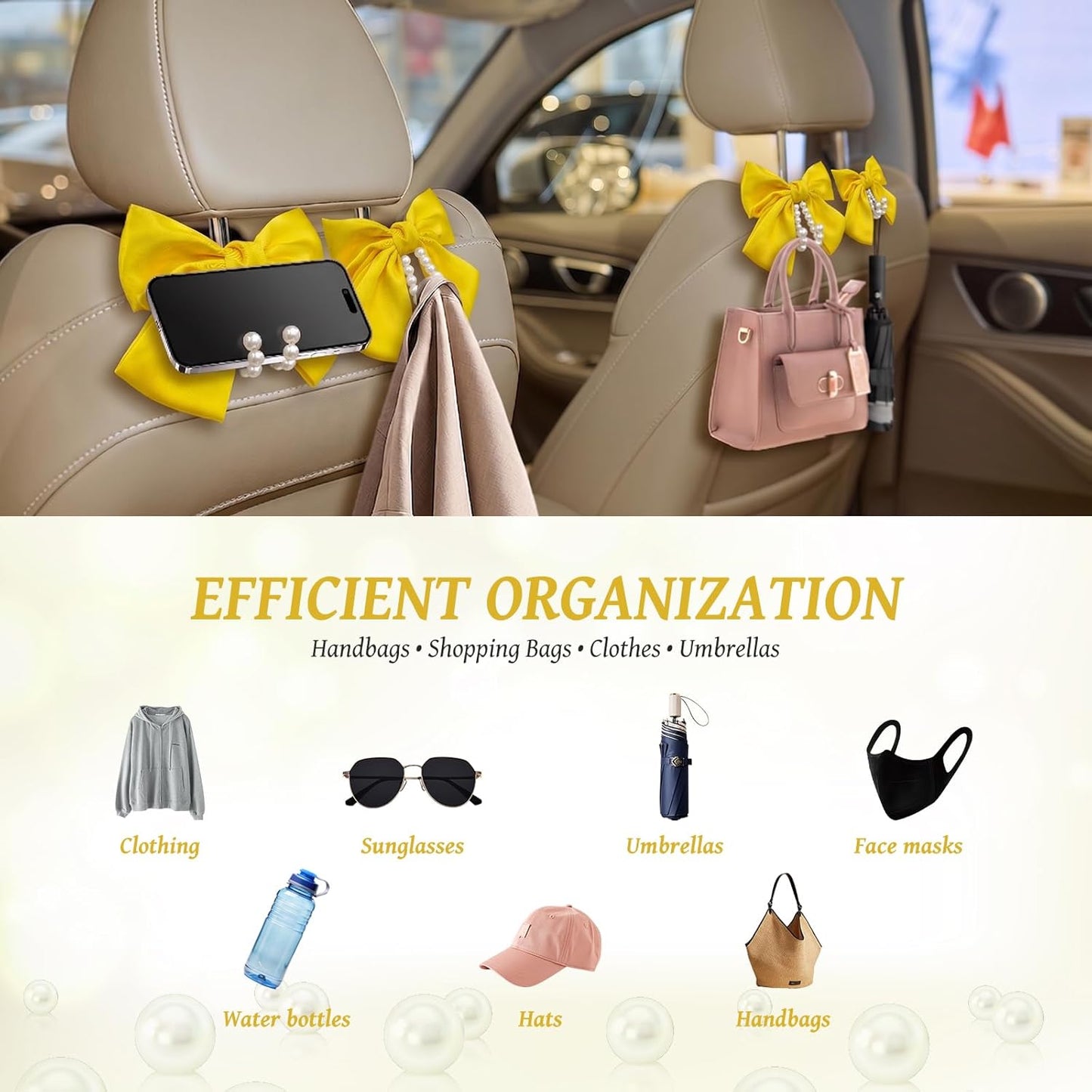 2 PCS Bow Pearl Car Seat Headrest Hook – Cute Purse Hook for Car, Girly Interior Decoration Accessories Hook Hanger, Seatback Holder for Purses & Bags, Elegant Car Organizer (Sunshine Yellow)