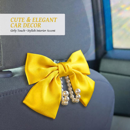 2 PCS Bow Pearl Car Seat Headrest Hook – Cute Purse Hook for Car, Girly Interior Decoration Accessories Hook Hanger, Seatback Holder for Purses & Bags, Elegant Car Organizer (Sunshine Yellow)