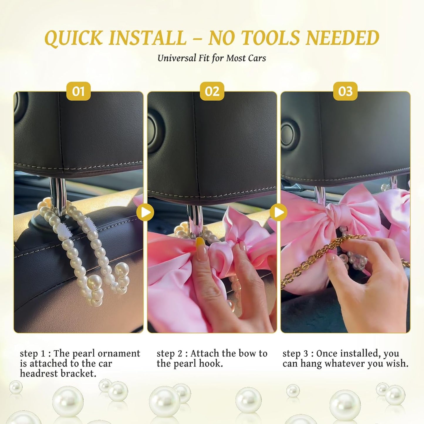 2 PCS Bow Pearl Car Seat Headrest Hook – Cute Purse Hook for Car, Girly Interior Decoration Accessories Hook Hanger, Seatback Holder for Purses & Bags, Elegant Car Organizer (Sunshine Yellow)