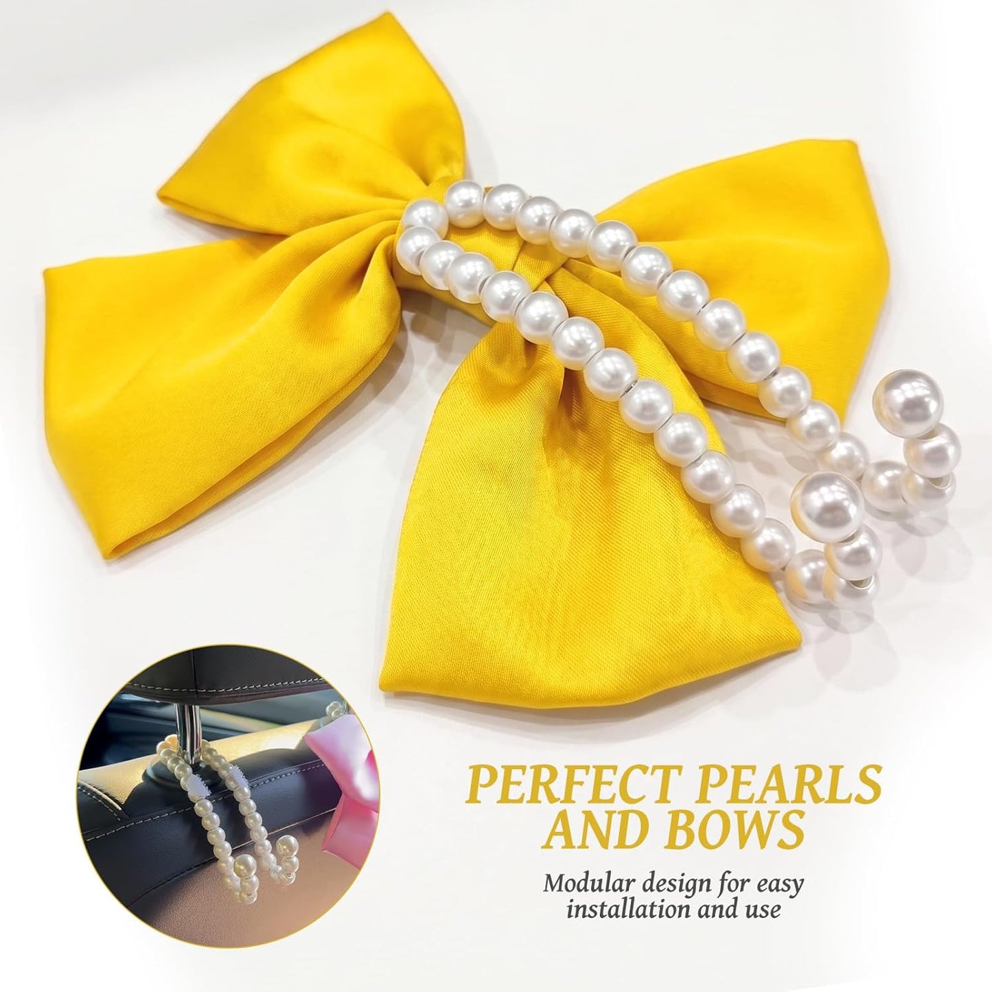 2 PCS Bow Pearl Car Seat Headrest Hook – Cute Purse Hook for Car, Girly Interior Decoration Accessories Hook Hanger, Seatback Holder for Purses & Bags, Elegant Car Organizer (Sunshine Yellow)