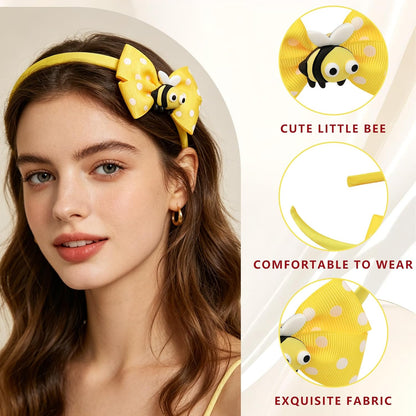 Cute Bee Headbands Yellow Bow Hairband White Polka Dots Hair Hoop Headpiece Hair Accessories for Birthday Summer Theme Party Festival Supplies (bee)