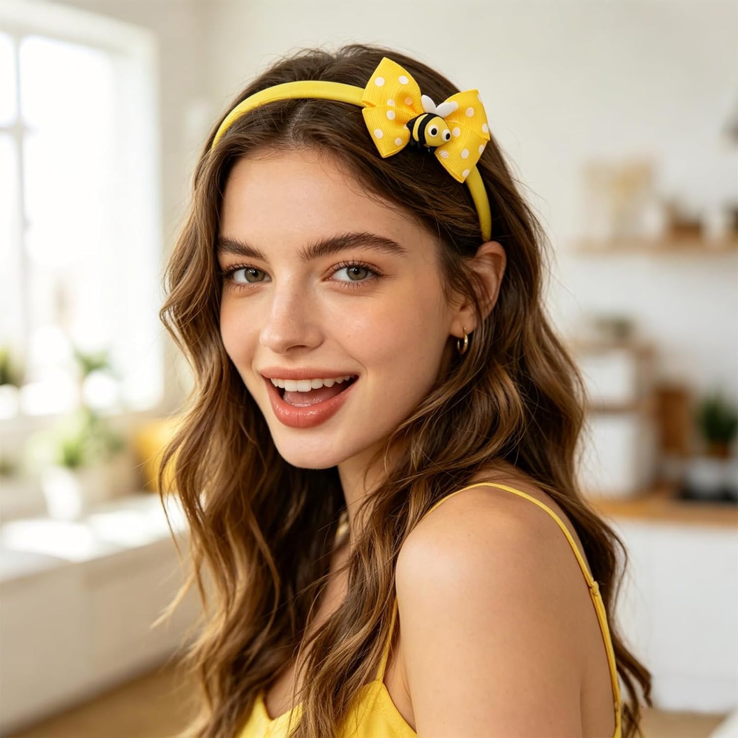 Cute Bee Headbands Yellow Bow Hairband White Polka Dots Hair Hoop Headpiece Hair Accessories for Birthday Summer Theme Party Festival Supplies (bee)