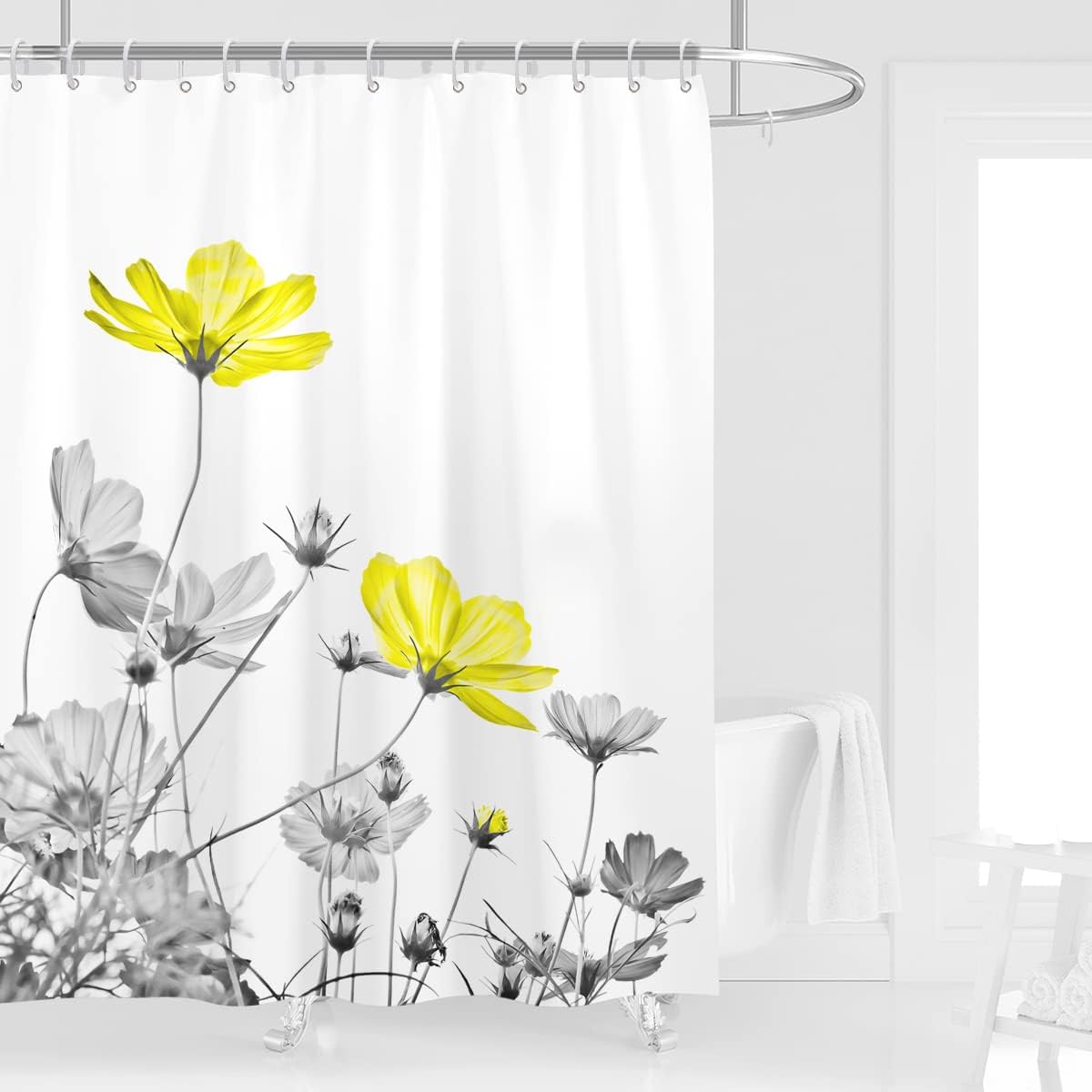 Yellow Gray Shower Curtain 60''W x 72''L White Grey Flowers Wildflower Daisy Floral Ink Painting Botanical Simple Elegance Bathroom Curtains Polyester Fabric 12 Pack Plastic Hooks